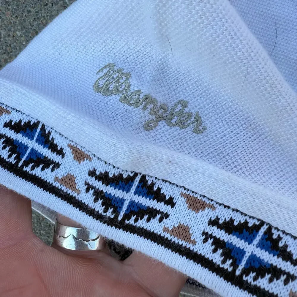 Vintae 90s Wrangler Desert Rock Mountain Scene White Polo Shirt Aztec LARGE